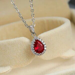 NEW 14k White Gold Ruby Diamond Necklace Tear Drop Pear Cut Pendant